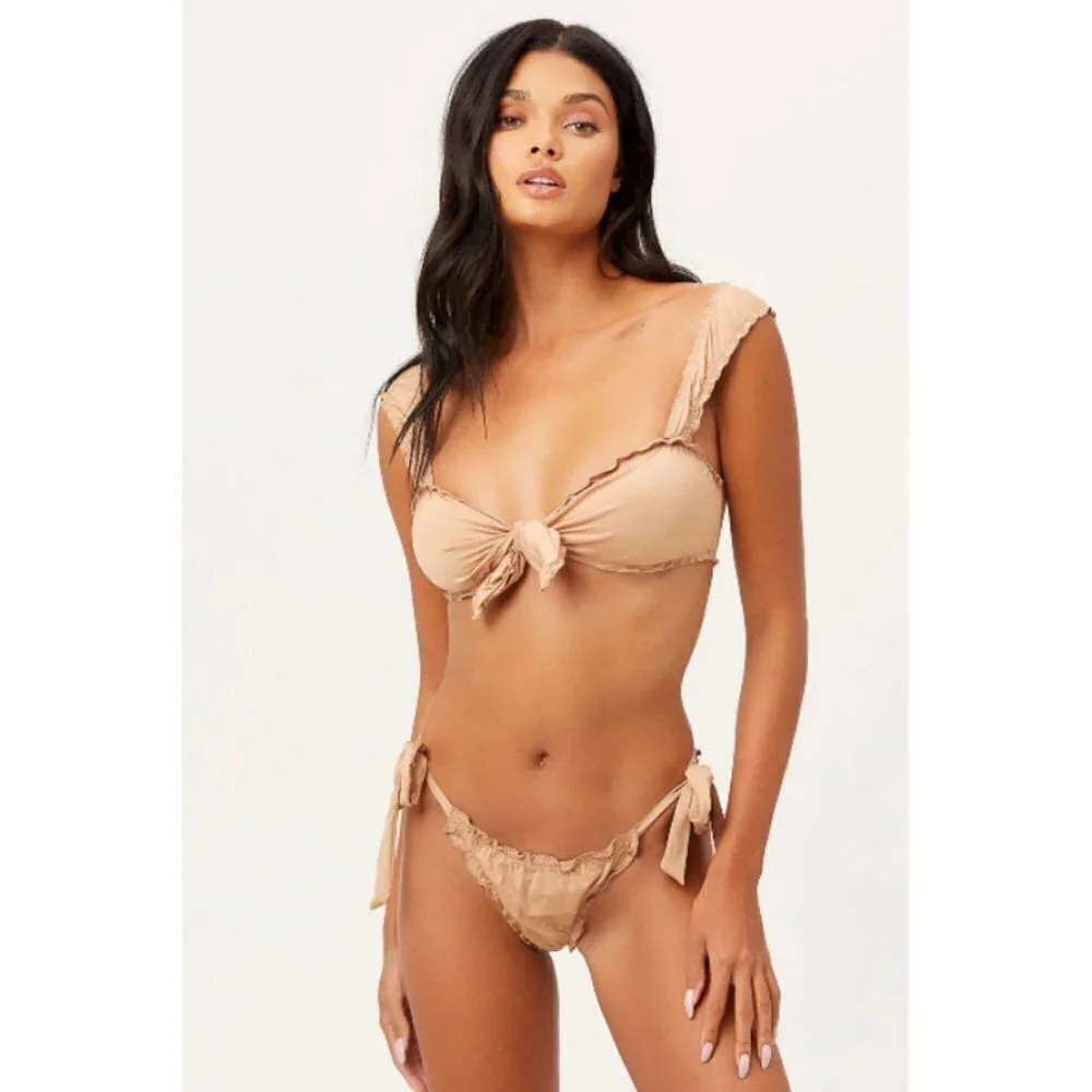 💕FRANKIE'S BIKINIS💕 Colby Tie Front Ruffle Bikini Top Earth Large L NWT